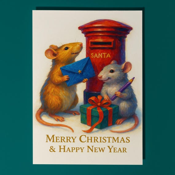 Funny Rats Christmas Card – Posting to Santa, Handmade Greeting Card - Personalised Front & Inside