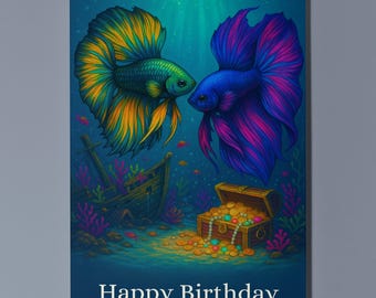 Rainbow Fish Parade Collection -  Treasure Betta Fish Tropical Fish - Happy Birthday Card Premium Greeting Card Envelope - Personalised card