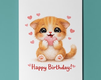 Kawaii Art Series Kitten: Cute Pink Mochi Little Bites Cute Cat Happy Birthday Card Premium Greeting Card Envelope Personalised cute animal