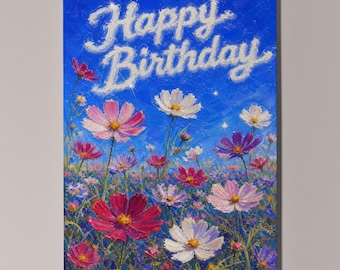Cosmos Flowers Birthday Card, Floral Greeting Card, Personalised Botanical Art