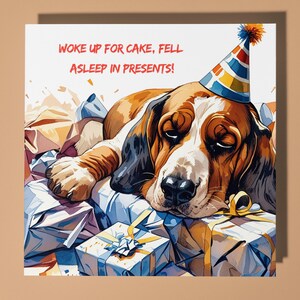 Tarjeta de feliz cumpleaños para perro Basset Hound - Animal divertido - Tarjeta de felicitación premium y sobre - Tarjeta de perro personalizada - Mamá, papá, hijo, hermana, amigo