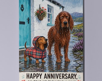 Irish Setter Dachshund Personalised Anniversary Card, Funny Scottish Rain Dog Couple Gift