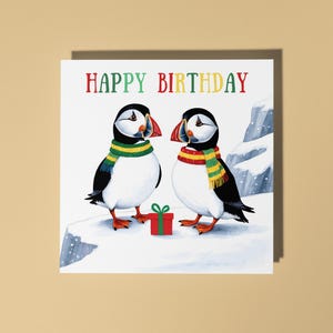 Puffins fofos feitos à mão com presente Cartão de feliz aniversário Cartão engraçado de animais Amantes de animais Cartão de felicitações premium e envelope