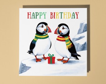 Handmade Cute Puffins with gift  Happy Birthday Card Funny Animal Card Animal Lovers Premium Greeting Card and Envelope