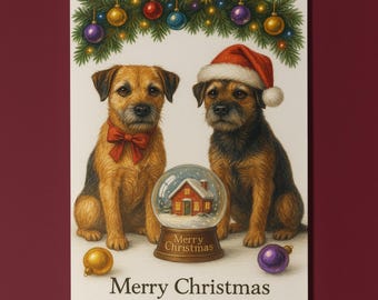 Border Terrier Dogs - Cozy Nose and Snow Globe - Christmas Card - Funny Dogs - Dog Breeds - Premium Greeting Card & Envelope Personalised