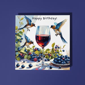 Handmade Niedliche Vögelchen flattern über einem Glas Rotwein alles Gute zum Geburtstag! Karte Tierliebhaber Premium Grußkarte und Umschlag