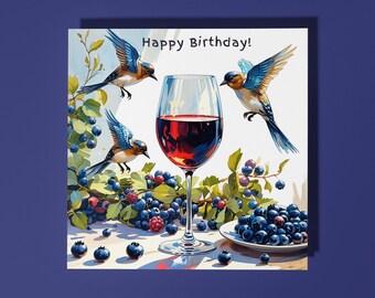 Handmade Cute little birds flutter over a glass of red wine Happy Birthday! Card Animal Lovers Premium Greeting Card and Envelope