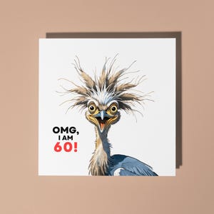 Tarjeta de felicitación de cumpleaños hecha a mano con una garza sorprendida y divertida: ¡Dios mío, tengo 60 años! Tarjeta de felicitación de cumpleaños con un animal divertido Tarjeta de felicitación y sobre premium para amantes de los animales