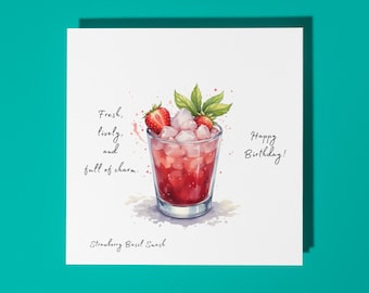 Handmade  Strawberry Basil Smash - cocktail -  Fresh, lively, and full of charm! - Happy Birthday Card Premium Greeting Card & Envelope