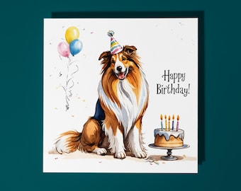 Handmade Cute Collie Dog breed with Cake Happy Birthday Card Funny Animal Card Animal Lovers Premium Greeting Card & Envelope