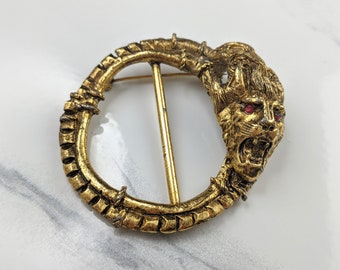 Lovely Vintage Gold-tone Lion Brooch Buckle with Faux Ruby Eye.