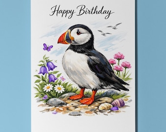 Puffins Collection Atlantic Puffin: Coastal View Happy Birthday Card Funny Animal Premium Greeting Card Envelope Personalised cute bird
