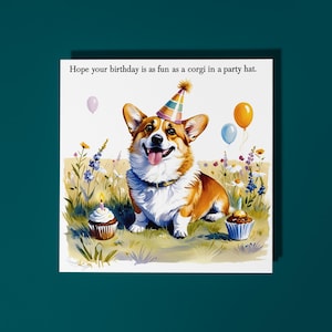 Cane Corgi carino fatto a mano Spero che il tuo compleanno sia divertente come un corgi. Biglietto di auguri con animali divertenti. Biglietto di auguri premium per amanti degli animali e busta.