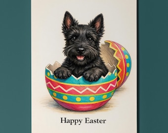 Dog Breeds series - Scottish Terrier dog - Cracking open a day full of joy! Happy Easter Card Funny Premium Greeting Card Personalised