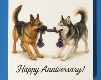 Husky and German Shepherd Dogs - Happy Anniversary Card  Funny Animal - Premium Greeting Card & Envelope - Personalised Dog card - Husband
