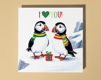 Handmade Cute Puffins with gift  I Love You Card Funny Animal Card Animal Lovers Premium Greeting Card With Envelope Love
