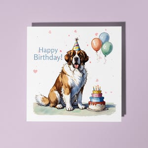 Cão São Bernardo fofo feito à mão com bolo Cartão de feliz aniversário Cartão engraçado de animal Amantes de animais Cartão de felicitações premium e envelope