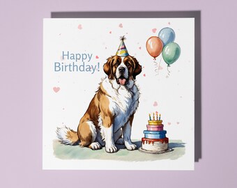 Handmade Cute Saint Bernard Dog breed With cake Happy Birthday Card Funny Animal Card Animal Lovers Premium Greeting Card and Envelope