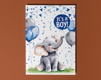 Handmade Cute baby elephant with blue balloons It's a Boy! Baby shower Card Funny Animal Card Animal Lovers Premium Greeting Card & Envelope