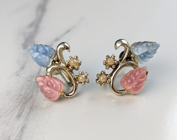 Lovely Vintage Blue Pink Colour Molded Glass Leaves Screw Back Earrings