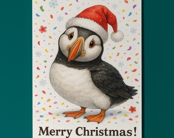 Jolly Christmas Puffin - Merry Christmas! Card - Funny animals - Premium Greeting Card and Envelope - Personalised card - Friend Family Son