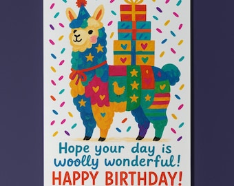 Woolly Birthday Alpaca - Happy Birthday Card - Funny Animal - Premium Greeting Card & Envelope - Personalised card - Friend Family members