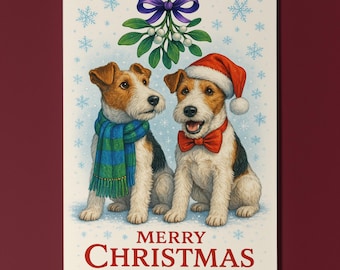Wire Fox Terrier Dogs Duo - Under the mistletoe Merry Christmas Card - Funny Dogs - Premium Greeting Card & Envelope - Personalised card
