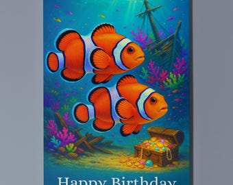 Rainbow Fish Parade Collection -  Treasure Clownfish Tropical Fish - Happy Birthday Card Premium Greeting Card Envelope - Personalised card