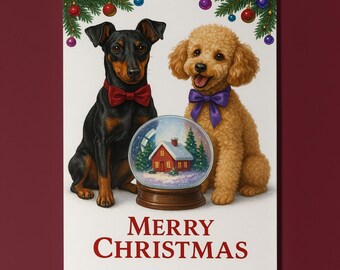Manchester Terrier and Poodle Dogs - Snow Globe Merry Christmas Card - Funny Dog Breeds Premium Greeting Card Envelope Personalised - Family