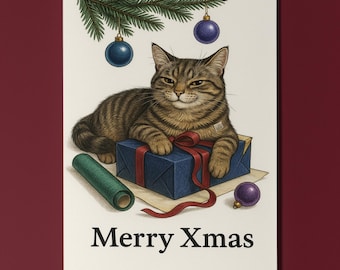 Festive Cat with Present - Merry Xmas Card - Funny Cats - Cat Breeds - Premium Greeting Card and Envelope - Personalised - Mother Mum Dad