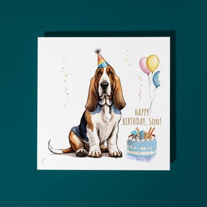 Raça de cachorro basset hound fofa feita à mão com bolo Feliz aniversário, filho! Cartão Cartão de animal engraçado Amantes de animais Cartão de felicitações premium e envelope