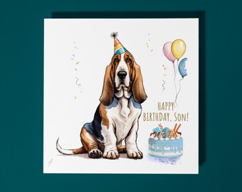 Handmade Cute Basset Hound Dog Breed with Cake Happy Birthday, Son!  Card Funny Animal Card Animal Lovers Premium Greeting Card & Envelope