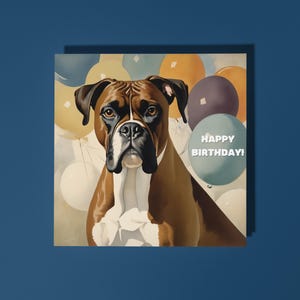 Handgemachter Boxer Hund umgeben von Luftballons - Happy Birthday Karte Lustige Tier Karte Tierliebhaber Premium Grußkarte & Umschlag