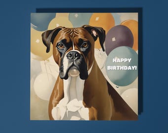 Handmade Expressive Boxer dog surrounded by balloons - Happy Birthday Card Funny Animal Card Animal Lovers Premium Greeting Card & Envelope