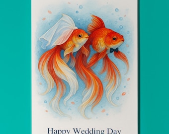 Rainbow Fish Parade Collection - Goldfish Duo - Happy Wedding Day Card - Funny Animal - Premium Greeting Card & Envelope - Personalised card