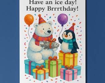 Polar Bear Penguin - Have an ice day Happy Brrrthday! Birthday Card - Funny Animals Premium Greeting Card Envelope - Personalised - Friends