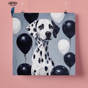 Stampa artistica da parete con ritratto di cane dalmata con palloncini neri, regalo perfetto per gli amanti degli animali, 295 mm x 295 mm, carta opaca da 300 g/m², senza cornice