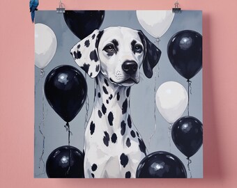 Elegant Dalmatian Dog Black Balloons Pet Portrait Wall Art Print, Perfect Gift for Pet Lovers, 295mm x 295mm, 300GSM Matte Paper, Unframed