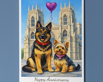 York - York Minster The Shambles  Yorkshire Terrier German Shepherd Dogs Happy Anniversary Card Envelope Funny Breeds Premium Personalised