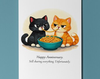 Funny Animals Collection – Spaghetti Cats Happy Anniversary Card - Premium Greeting Card Envelope - Personalised - Couples Girlfriend