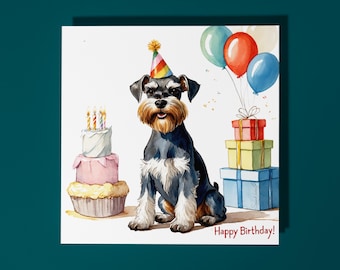 Handmade Miniature Schnauzer Dog breed With Cake Happy Birthday Card Funny Animal Card Animal Lovers Premium Greeting Card and Envelope