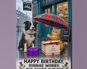Border Collie Orange Cat Personalised Birthday Card, Funny Scottish Bakery Cake Gift