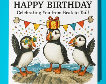 Fine Art Funnies Collection -  three puffins - Happy Birthday Card - Premium Greeting Card and Envelope - Personalised funny card - Friend