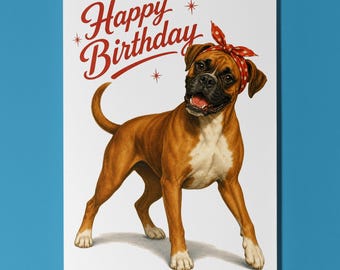 Boxer Birthday Card, Retro Dog Greeting Card, Personalised Vintage Pin Up Style