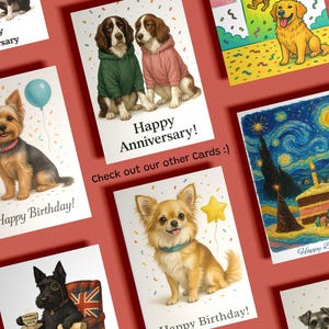 Puede incluir: Una colecci&oacute;n de tarjetas de felicitaci&oacute;n con ilustraciones de perros. Las tarjetas presentan mensajes como "&iexcl;Feliz Cumplea&ntilde;os!" y "&iexcl;Feliz Aniversario!" Una tarjeta muestra dos perros con sudaderas con capucha, y otra representa un perro en una nave espacial.