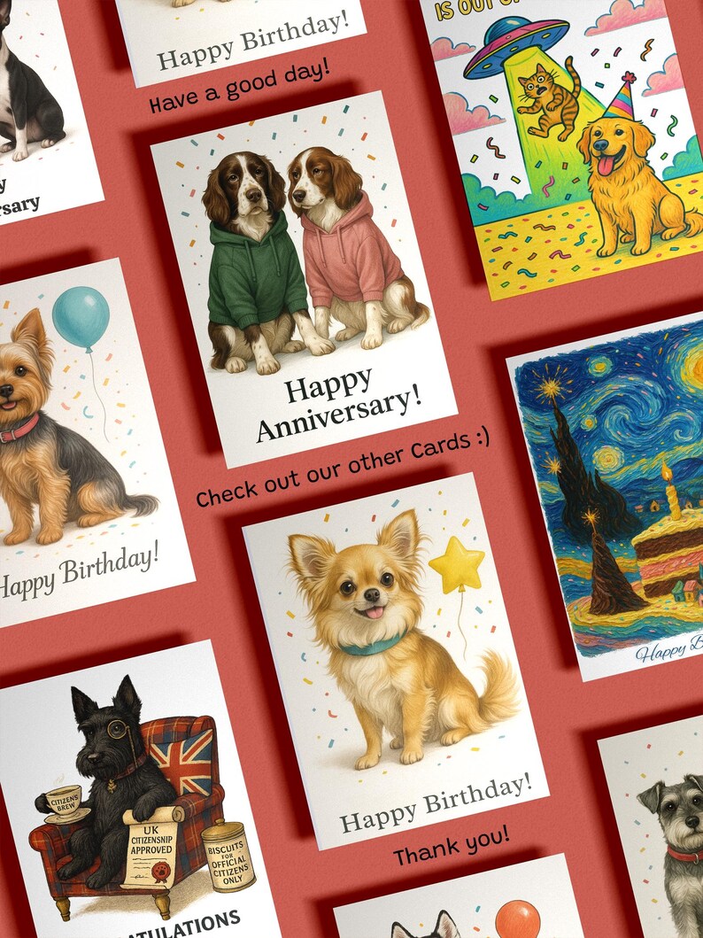 Puede incluir: Una colecci&oacute;n de tarjetas de felicitaci&oacute;n con ilustraciones de perros. Las tarjetas presentan mensajes como "&iexcl;Feliz Cumplea&ntilde;os!" y "&iexcl;Feliz Aniversario!" Una tarjeta muestra dos perros con sudaderas con capucha, y otra representa un perro en una nave espacial.