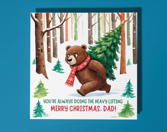 Handmade Strong Christmas Bear Merry Christmas Dad Card  Premium Greeting Card with White Envelope /  Merry Christmas Dad