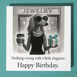Biglietto di auguri di buon compleanno con parodia del film Barkfast da Tiffany - Biglietto di auguri premium con animali divertenti, busta, biglietto di auguri personalizzato con cane - Amica e figlia