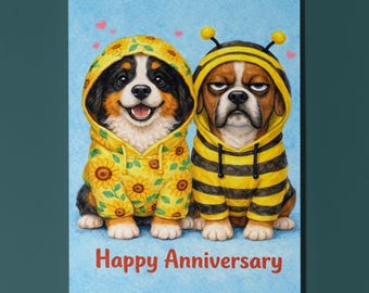 Boxer Bernese Mountain Dogs Bee Loves Flower Happy Anniversary Card Funny Animal Premium Greeting Card Envelope Personalised cute animal art