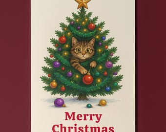 Festive Tree Cat - Calm Christmas - Merry Christmas! Card - Funny animals - Premium Greeting Card and Envelope - Personalised card - Friend